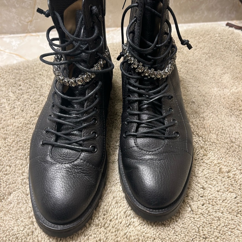 Jimmy Choo Black Leather Combat Boots with Silver Accents